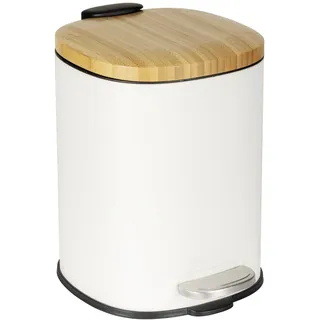 WENKO Kosmetikeimer Mod. Fianema Treteimer 3L weiß mit Bambusdeckel Easy-Close Absenkautomatik Metall Kunststoff 17 x 23,5 x 21 cm Natur schwarz