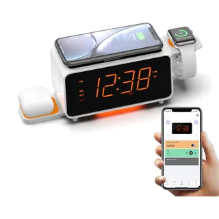 iTOMA Digitaler Radiowecker mit Kabelloser Ladestation, 15W Fast Wireless Charger for iPhone/Samsung Galaxy Nachtlicht, Auto manuelle Dimmer Steuerung und 1.4" Orange Display CKS209-2