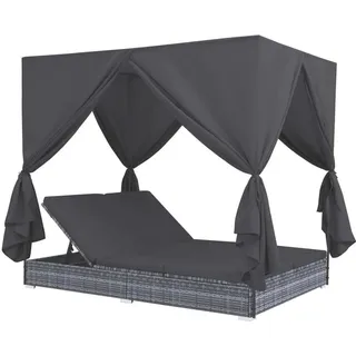 Outdoor-Lounge-Bett mit Vorhängen Poly Rattan Grau - Grau, Dunkelgrau