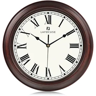 Lafocuse Lautlos Wanduhr Vintage Römische Ziffern, Klassische Wanduhr Mahagonifarben, Retro Küchenuhr Ohne Tickgeräusche für Wohnzimmer Schlafzimmer Büro 30cm