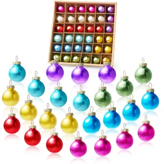 JOIEDOMI 36-teiliges Mini-Weihnachtskugel-Ornament-Set, 8 metallfarbene Glaskugeln mit Seilaufhängern, hängende Miniatur-Ornamente, Weihnachts-Party-Dekoration aus Glas (einfarbig)