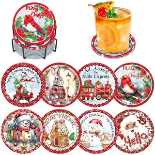 Lxmsja 8 STK Weihnachten Diamond Painting Untersetzer mit Halter, Diamant Painting Bilder Erwachsene Kinder, Diamant Tassenuntersetzer mit Kork, Weihnachten Deko, Frauen