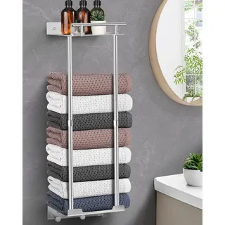 LIVEHITOP Handtuchregal, Ausziehbar Handtuchhalter Ohne Bohren 81CM Handtuch Aufbewahrung Wand Gästehandtuchhalter Silber mit Ablage Haken für Badezimmer