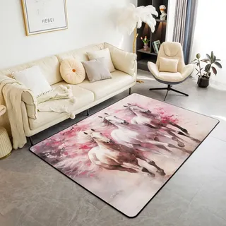 Pferd Indoor Bodenmatte 150Bx200L Galoppierendes Pferd Dekor Teppich Rosa Kirschblüte Dekor Akzent Teppich für Mädchen Frauen Aquarell Farbe Stil Bereich Teppich Home Dekoration