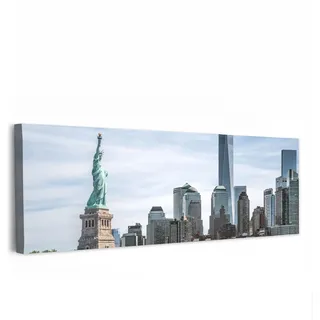 MuchoWow© Leinwandbilder Decoration Bilder für die Wand Schlafzimmer Canvas | 150x50 cm - Painting XXL Wanddekoration Panorama Großes Wandbild New York - Freiheitsstatue - Hudson River