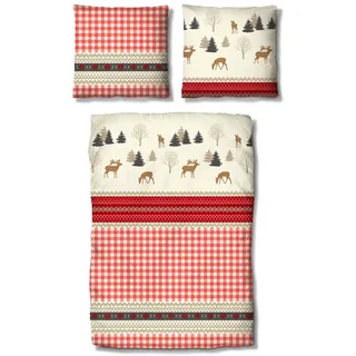 Traumschlaf Feinflanell Bettwäsche Hirsch Landhaus – Kuschelige Winterbettwäsche aus 100% Baumwolle – Weiche Bettgarnitur im Landhausstil mit Hirschmotiv & Karodesign – 140x200 cm + 70x90 cm
