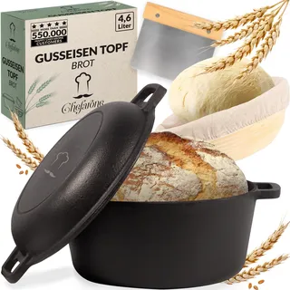 Chefarone Gusseisen inkl. Gärkorb und Teigschaber. Topf Brot Backen. Brotbackform Mit Deckel 4.6L. 2-in-1 Brottopf zum backen 26CM. Robuster Brotbacktopf. Brotbackform Rund. Topf Gusseisen Brotbacken