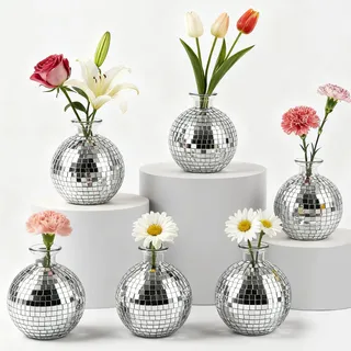 LDXDRU 6er Discokugel Vase Deko, Disco Ball Vase Deko Kugel Pflanzgefäß, Discokugel Blumentopf für Zentrumsschmuck, Silberne Spiegelglas-Dekoration für Tisch, Party, Hochzeit, Zuhause, Schlafzimmer