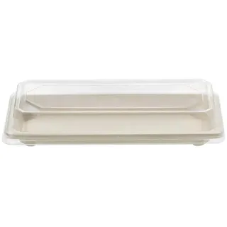Tessera Bio Products QST06 Zuckerrohr Sushi-Tablett N.06 mit Klarem PET Deckel, Naturfarbe, 22.1cm Länge, 9.2cm Breite, 2.2cm Höhe, 50 Stück