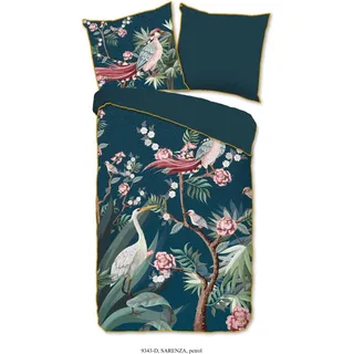 Descanso Bettwäsche mit einer biese und Blumen - 135x200 cm  - 100% Bio Baumwolle - Petrol