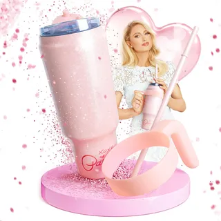 Paris Hilton – pinke Edelstahl Trinkflasche mit Kunststoffgriff und Strohhalm – 1,1 L, Doppelwandig Isoliert, Abnehmbarer Griff