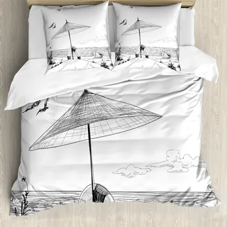 ABAKUHAUS Strand Bettbezug, Doodle Sketch Pattern, Milbensicher Allergiker geeignet mit Kissenbezügen, 200 cm x 200 cm - 80 x 80 cm, Schwarz-Weiss - Schwarz