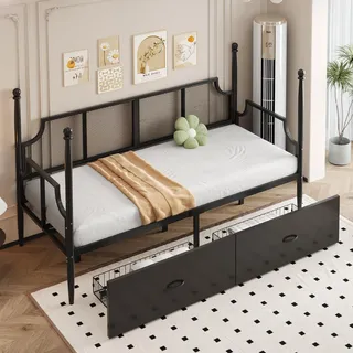 Flieks Tagesbett Metallbett 90x200cm mit 2 Schubladen, Schlafsofa Einzelbett mit Lattenrost, Jugendbett Stauraumbett Daybed, Schwarz - Schwarz