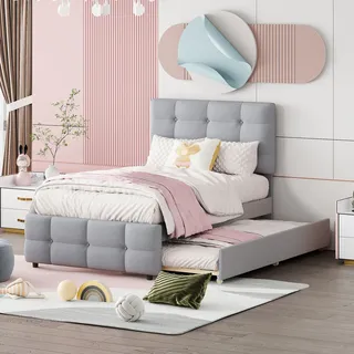 Fortuna Lai Polsterbett 90 x 200 cm, Verstellbares Kopfteil, hautfreundliche Leinenpolsterung, Ausziehbares Kinderbett, Einzelbett Kinderbett Jugendbett Gästebett (Grau) - Grau