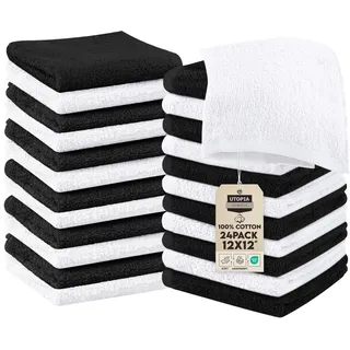 Utopia Towels Baumwoll-Waschlappen-Set – 100% ringgesponnene Baumwolle, hochwertige Flanell-Waschlappen für das Gesicht, sehr saugfähige und weiche Handtücher, 24 Stück, Schwarz/Weiß