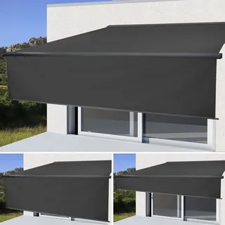 Elektrische Vollkassetten-Markise T124, 4,5x3m ausfahrbarer Volant Polyester Anthrazit, anthrazit - Schwarz