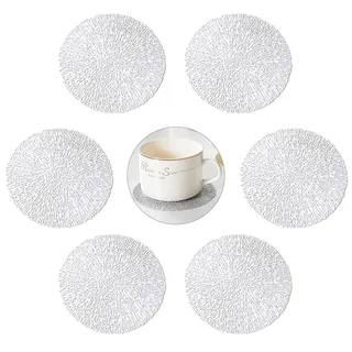 GlobalDream Untersetzer Teller, 6 Stück Untersetzer Gläser Tischset Rund Vinyl Hohl Platzsets Abwischbar PVC Tischuntersetzer für Küche, Zuhause, Speisetisch (Silber, 10cm)