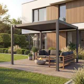 Alu Pergola HWC-N94, Lamellen-Pavillon Terrassenüberdachung, stabiles 10cm-Metall-Gestell 3x3m anthrazit - Grau