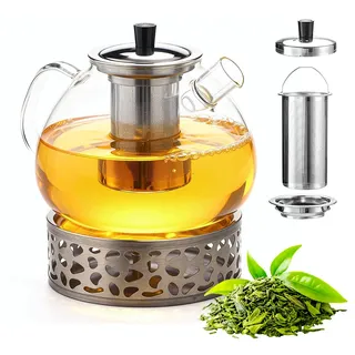 BORDEAG Teekanne mit Stövchen - 1500ML Teekanne mit Siebeinsatz, Teekannes aus Glas, Glasteekanne, Teapot, Teekannes Glas, Tee Kanne Teebereiter für Losen Tees Fruchttee Duftender Tee