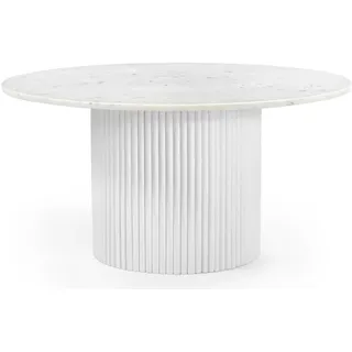 Marmoholz - Roma Couchtisch rund Ø80 cm x H40 cm aus weißem Marmor und weißem Massivholz – eleganter Beistelltisch im skandinavischen Design - Weiß