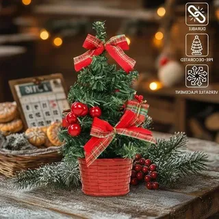 Kleine künstliche Weihnachtsbäume 20cm mit LED-Lichtern und Schmuck - Rot, Gold