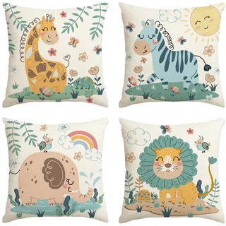 Artoid Mode Wildtiere Giraffe Elefant Zebra Löwe Dschungel Kinder Kissenbezüge 4er Set, 45x45 cm Zierkissenbezug Cushion Cover Couch Wohnzimmer Deko