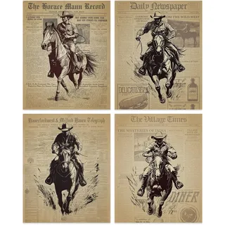 SUPERDANT 4 Stück Western Cowboy Wandgemälde Bild Reiten Wanddrucke Vintage Zeitung Ölgemälde Auf Leinwand Männerhöhle Dekor Für Wohnzimmer Schlafzimmer Küche Ungerahmt 25x20cm