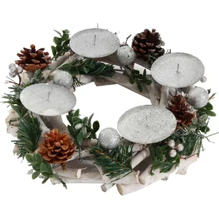 Adventskranz HWC-M12, Adventsgesteck Tischkranz Weihnachtsdeko Tischdeko Holz silber weiß Ø 30cm ohne Kerzen - Weiß