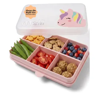 melii - Brotdose Kinder mit Fächern, Snackbox Bento 6 Fächer, Einhorn | Ohne BPA, spülmaschinenfest, herausnehmbare Trennwände. Lunchbox Jausenbox Brotzeitbox für Schule, Kita und Büro