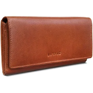 ROYALZ 'Lucia' Vintage Leder Damen Portemonnaie Groß RFID Schutz - Geldbörse mit Reißverschluss viele Fächer 11 Kartenfächer Brieftasche Querformat, Farbe:Texas Braun