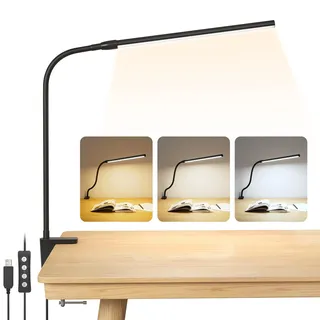 Lepro LED Schreibtischlampe Klemmbar, Tischlampe Architektenlampe mit Schwenkarm, Augenschutz Klemmleuchte USB, 3 Farben & 10 Helligkeitsstufen Dimmbar Tischleuchte für Büro, Schwarz