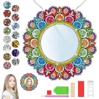 Kaluofan Geschenk für Basteln Mädchen 6 7 8 9 10 11 Jahre, Diamond Painting Spiegel Kinder, 5D Diamond Painting Spiegel, DIY Diamond Painting Mandala Kosmetikspiegel Kindergeburtstag Basteln Mädchen