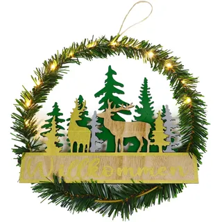 Weihnachtsdeko Türkranz, Ø 29 cm Weihnachtskranz, Künstliche Girlande Weihnachten, LED Lichterkranz mit Schnur Zum Aufhängen,mit Willkommensschild, Weihnachtsbaum, für Haustür, Kamin und Wanddeko