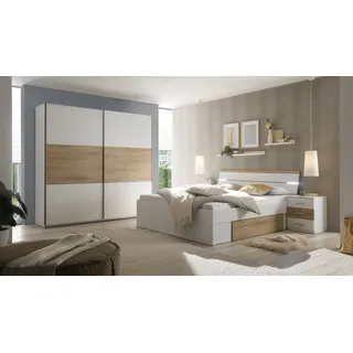 SchlafKONTOR Schlafzimmer-Set Kiara Kleiderschrank, Bett, Nachtkommoden, Bettschubkästen, (Set), Beleuchtung im Kopfteil, Bett inklusive Bettschubkästen weiß