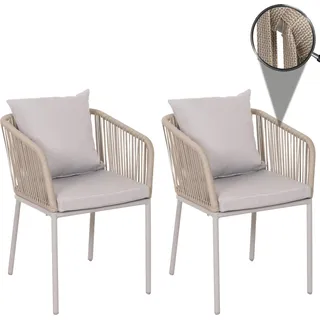 2er-Set Gartenstuhl HWC-N41, Outdoor Armlehne, wetterfest Aluminium Seilgeflecht Rope grau Kissen grau - Grau