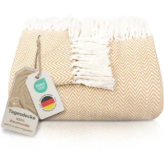 Gräfenstayn Premium Tagesdecke mit Fransen - 100% Baumwolle - 150 x 200 cm - Fischgrätenmuster Sommerdecke - Baumwolldecke als Bett-Überwurf, Couch-Überwurf, Sofa-Decke (Beige)