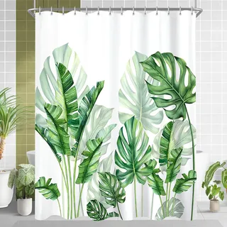 Lerores Duschvorhang 200x200 cm,Grün Blätter Beschwerter Saum Antischimmel Textil,Wasserabweisend, Waschbar Polyester Stoff Badevorhänge mit 12 Ösen und Duschvorhangringe für Badezimmer,Badewanne