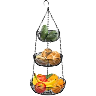 Accmuzzy 3-Etagen Obstkorb Hängend,Metall Schwarz Hängender Obstkorb mit Haken,Verstellbarer Hängekorb für Küche,Ideal zur Aufbewahrung von Obst,Gemüse,Brot und Lebensmitteln