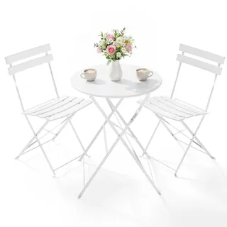 Clevich Bistro Set Balkon Metall, Klappbar Balkonmöbel Set 3 teilig, Bistrotisch mit 2 Klappstühlen, Gartenmöbel-Set Outdoor Sitzgruppe, Faltbar und Wetterfest, für Balkon, Garten, Terrasse, Weiß