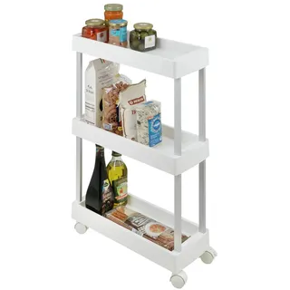 Wenko Rollwagen Mino, Küchenwagen mit 3 Etagen und 4 leichtgängigen Rollen, ideal als Servierwagen, Küchenregal oder Haushaltswagen einsetzbar, rostfreies Aluminium/PP, 18 x 80 x 45 cm, Weiß/Silber