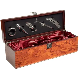 BRUBAKER 6-in-1 Barzubehör Kit mit Weinkiste - Edelholz Optik - Sommelier Dekantier Set aus Edelstahl mit Ausgießer + Flaschenstopfen + Weinthermometer + Tropfring für Wein Geschenkset