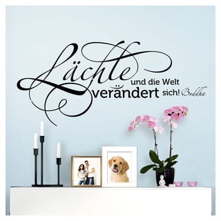 Wandaro Wandtattoo Sprüche Buddha Lächle und die Welt verändert Sich I schwarz 80 x 36 cm I Flur selbstklebend Aufkleber Wandaufkleber Wandsticker Spruch W3309