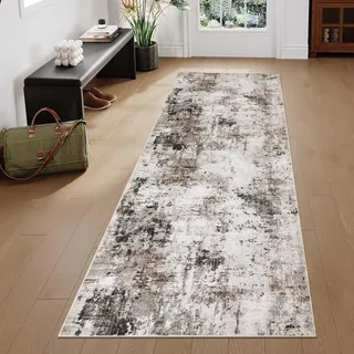Homcomodar Waschbar Teppich Läufer Flur 80x200cm Modern Abstrakter rutschfest Läufer Küche Teppich Taupe Kurzflor Kunstwolle Teppiche Lang für Flur Eingang Wohnzimmer Schlafzimmer