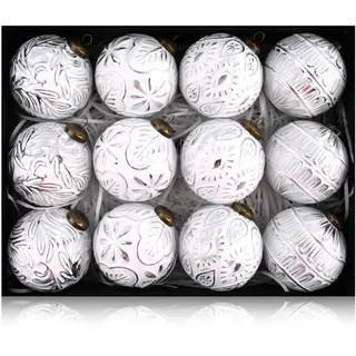 Vintage-Weihnachtsschmuck für Baumschmuck – Rustikale Weihnachtskugel-Ornamente Silber Weiß für den Innenbereich, Weihnachtsdekoration, 80 mm, 12 Stück