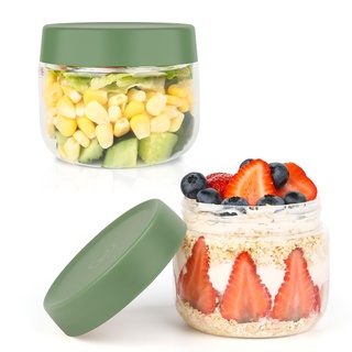 Musiwanna Rund Glasbehälter mit Deckel, 2er Set 300ml, Borosilikatglas Vorratsgläser Stapelbar, Klein Overnight Oats Gläser, Gläser für Müsli, Porridge, Jogurt, Chia Pudding, Gewürze, Marmelade (Grün)