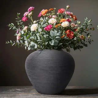 Rustikale schwarze Keramikvase mit strukturierter Oberfläche, große runde Terrakotta-Vasen für Bauernhaus, Heimdekoration, breite Öffnung, Vintage-Keramikvasen für Wohnzimmer, Küche, Tischdekoration