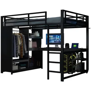 Stilvora Hochbett 140/200 cm in Schwarz mit Led, Schreibtisch, offenem Kleiderschrank und Ablagefächern , Metall , 140x200 cm , Babymöbel & Kindermöbel, Kinderzimmer & Jugendzimmer, Kinderbetten, Hochbetten