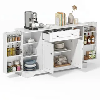 FurnitureR Sideboard Buffetschrank 138 x 40 x 85 cm, Weiß, Anrichte mit 1 großer Schublade, 4 Türen, Türregalen mit Reling, verstellbaren Ablagen für Küche Esszimmer Wohnzimmer Flur