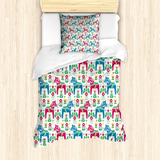 ABAKUHAUS Pferde Mantele, Dalecarlian Motiv Floral, Milbensicher Allergiker geeignet mit Kissenbezügen, 135 cm x 200 cm - 80 x 80 cm, Mehrfarbig