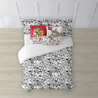 Belum Bettbezug Tom & Jerry | Bettbezug Modell Tom & Jerry Black & Withe | Bettbezug mit Knöpfen | Bettbezug 100% Baumwolle | Bettbezug (Bett 90 cm (155 x 220 cm)